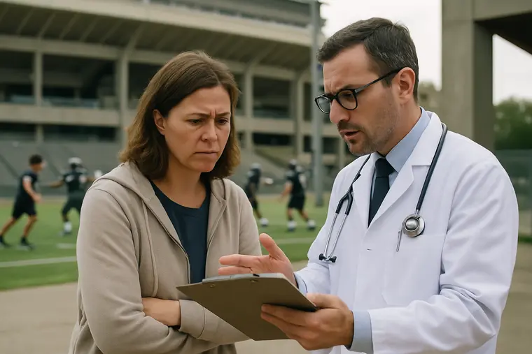 Athletic trainer preparing cooling supplies near a football bench