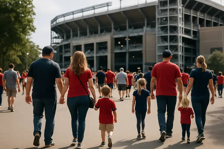 Families walking toward a football stadium entrance on game day
