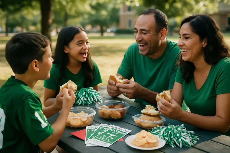 Family taking photos before a high school football homecoming parade