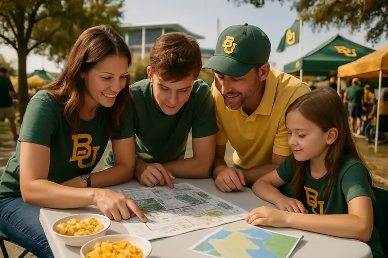 Family walking with clear bags toward a college football stadium entrance