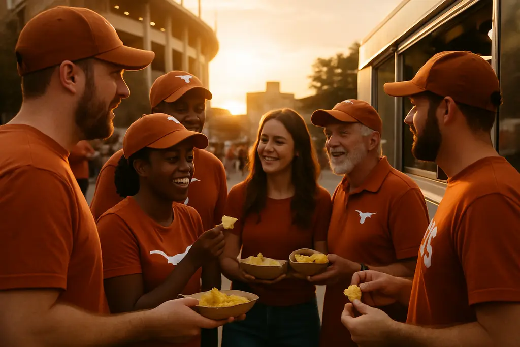 Gameday Fan Journey planning scene outside a Texas football stadium