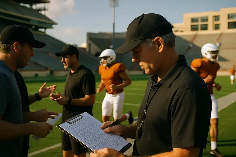 Players line up for a shortened football drill during evening practice