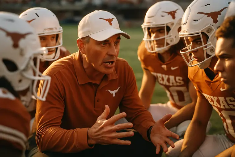 Texas football huddle forming before a key possession under stadium lights